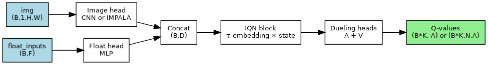digraph iqn_overview {
   rankdir=LR;
   node [shape=box, fontname="Helvetica", fontsize=10];
   img [label="img\n(B,1,H,W)", style="filled", fillcolor=lightblue];
   flt [label="float_inputs\n(B,F)", style="filled", fillcolor=lightblue];
   cnn [label="Image head\nCNN or IMPALA"];
   mlp [label="Float head\nMLP"];
   cat [label="Concat\n(B,D)"];
   iqn [label="IQN block\nτ-embedding × state"];
   duel [label="Dueling heads\nA + V"];
   out [label="Q-values\n(B*K, A) or (B*K,N,A)", style="filled", fillcolor=lightgreen];

   img -> cnn -> cat;
   flt -> mlp -> cat;
   cat -> iqn -> duel -> out;
}